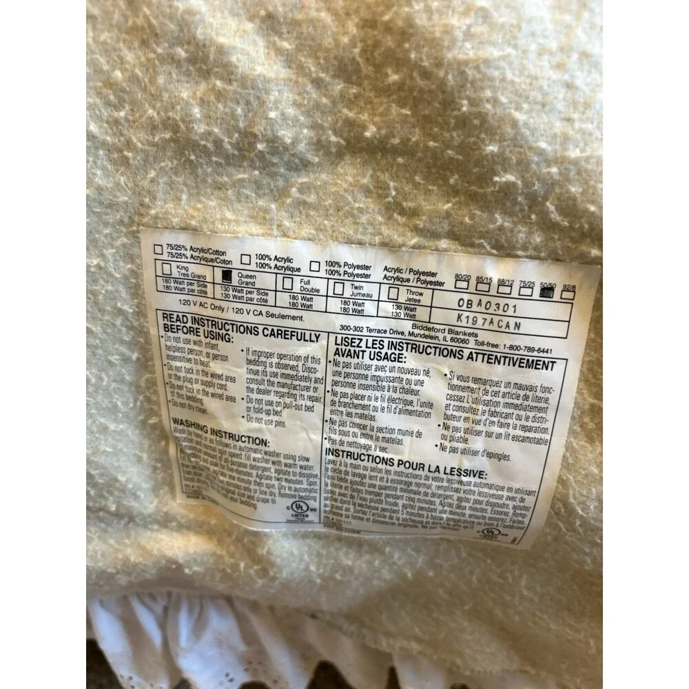 Vtg Biddeford Heated Blanket Queen Beige Dual Controllers Acrylic 82”W X 88”L